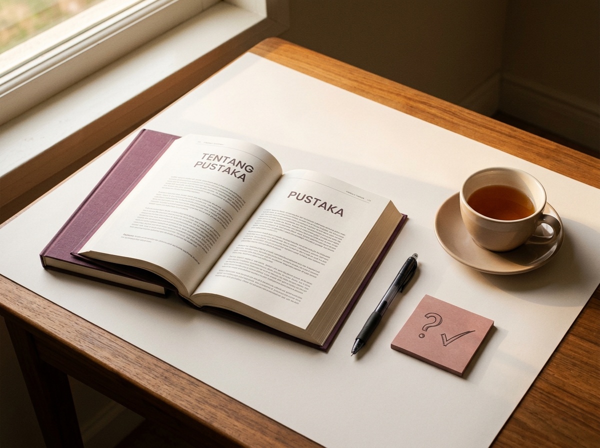 Meja baca editorial dengan buku teks keuangan terbuka, pena, dan secarik catatan tinjauan sumber.