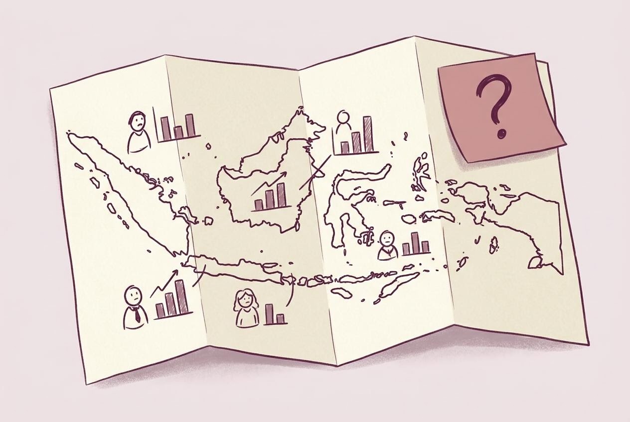 Peta Indonesia dari lipatan kertas berisi angka dan grafik kecil.